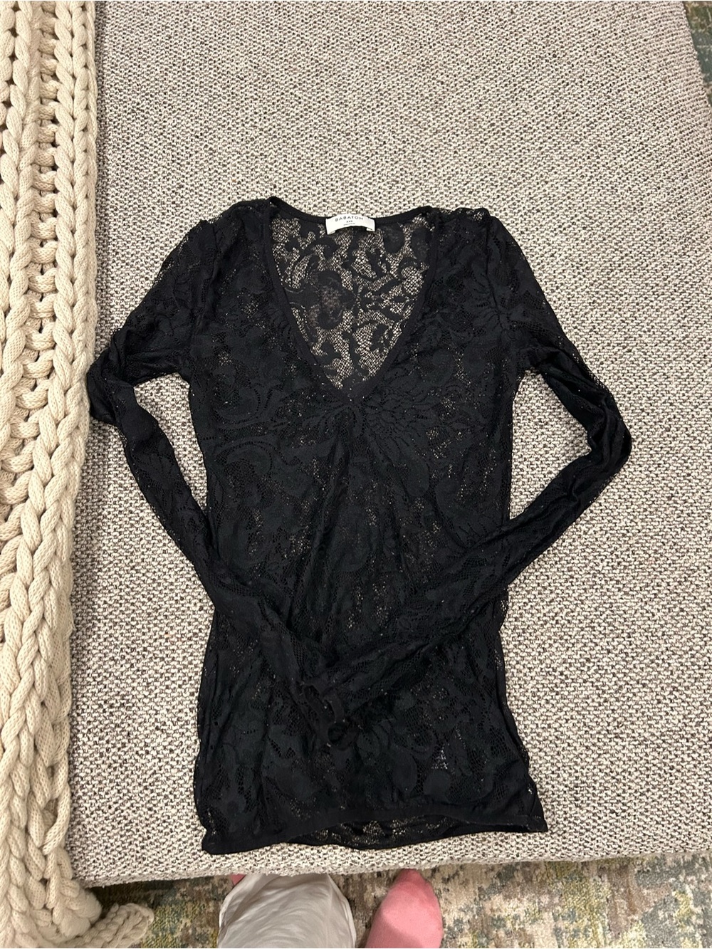 Babaton Black Sheer Lace V-Neck Long Sleeve Top - needs a few fluffs picked off
